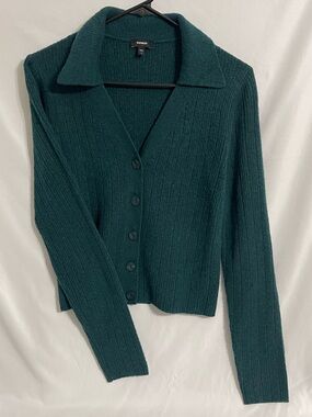 Express Dark Green Ribbed Button-Up Cardigan